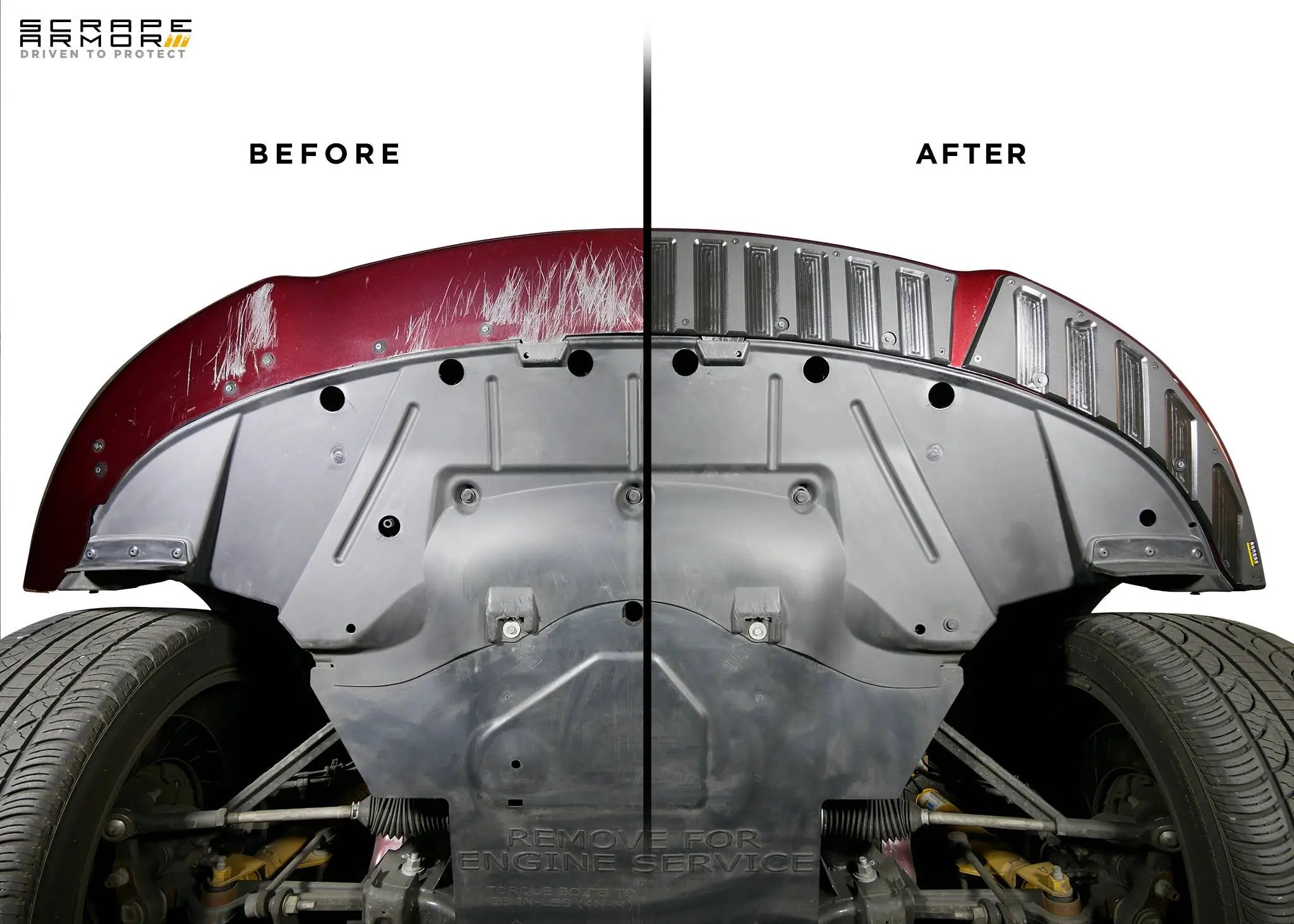 Before and after installing Scrape Armor underbody protection — visible difference in coverage and fit
